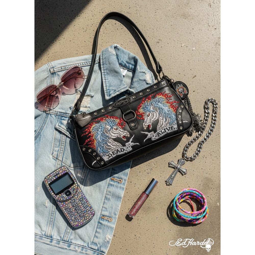 NWT Ed Hardy "Dead or Alive" Rhinestone Y2K Shoulder Bag